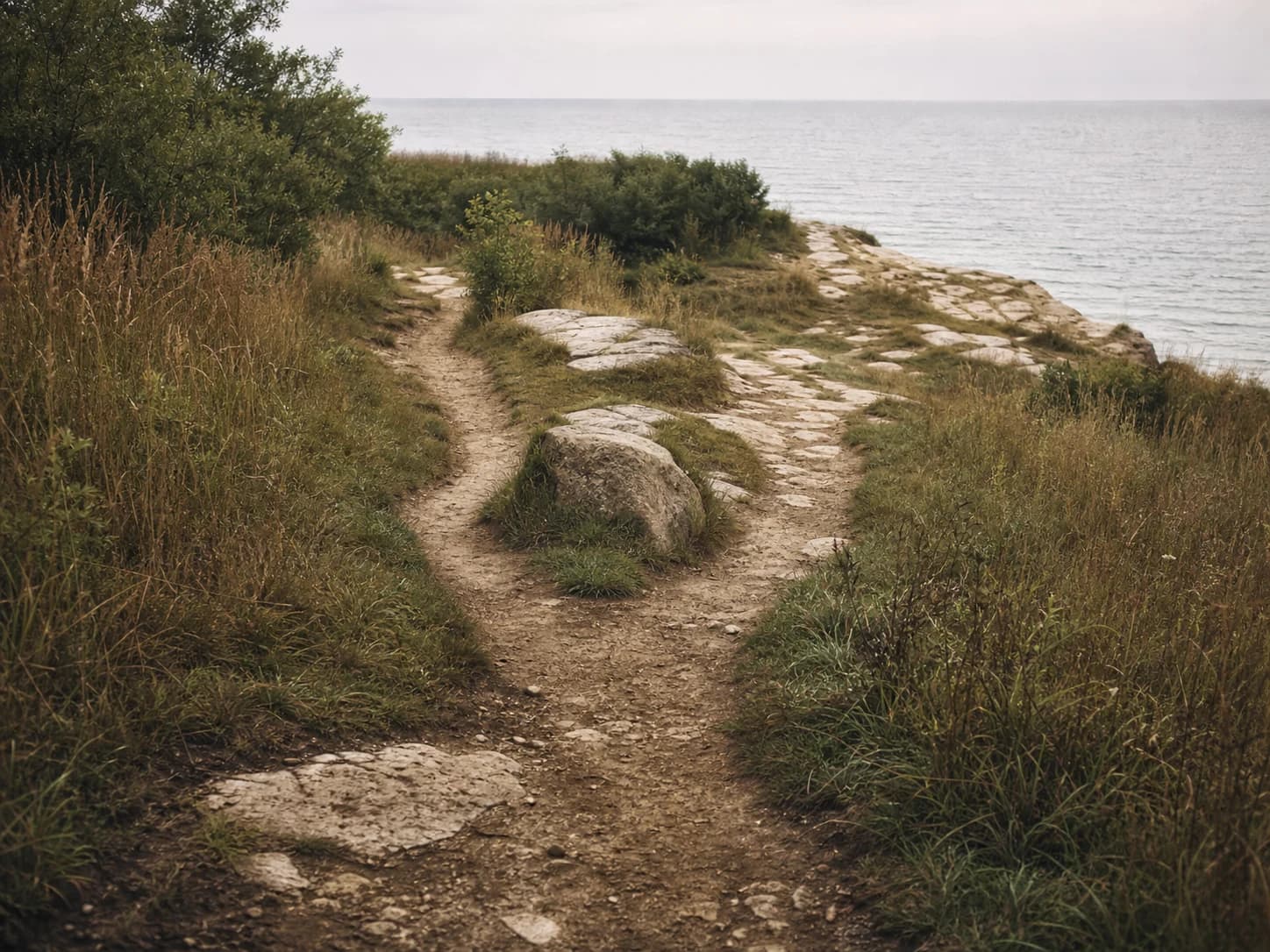 A lakeside path that forks around a stone and rejoins toward the water