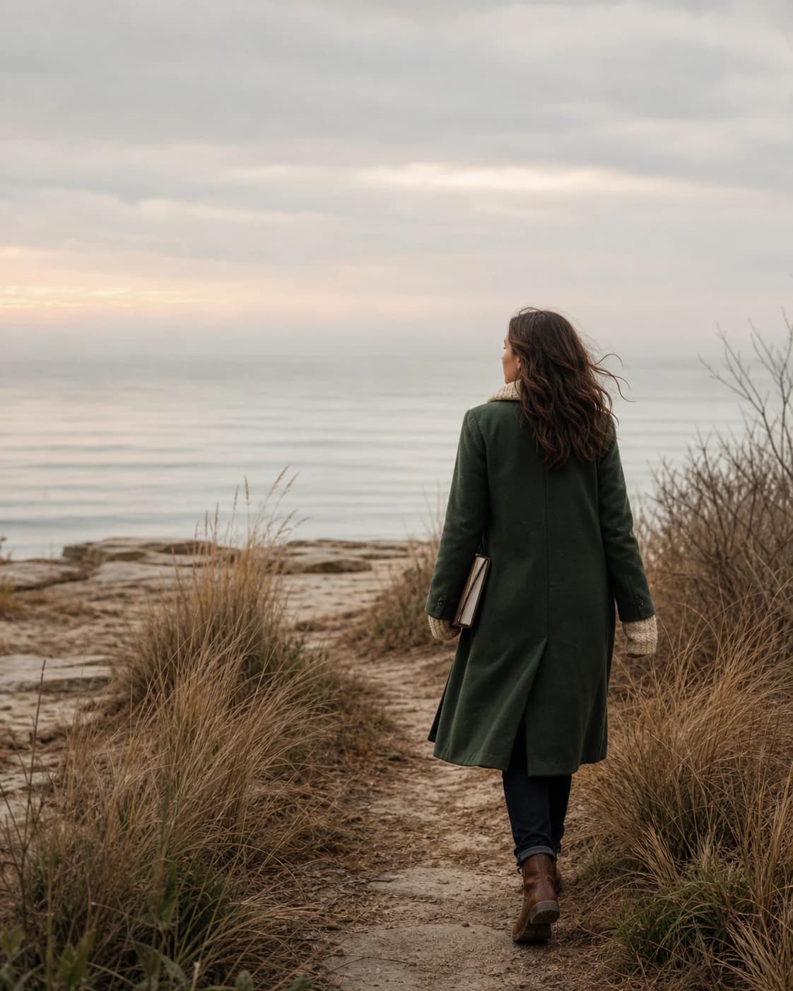 A woman walking a quiet lakeside path toward the open water